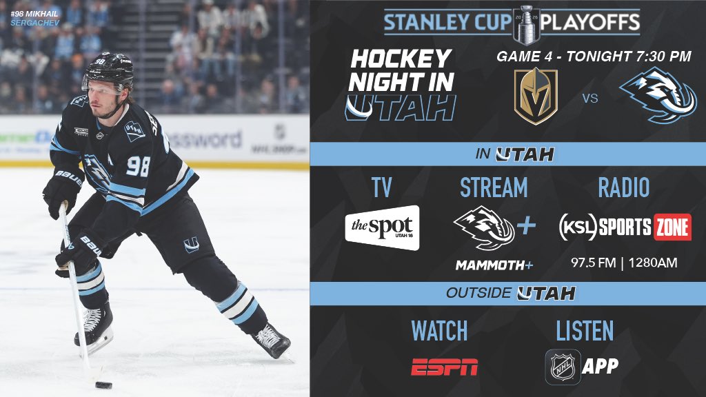 Full speed ahead! Utah has a chance to take a 3-1 series lead on home ice tonight in Game 4.

We’ll have it for you on Hockey Night in Utah 🦣

#TusksUp  | <a href="/KSLSportsZone/">97.5 The KSL Sports Zone</a>