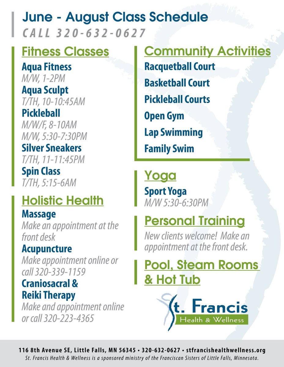cdcmorrisonmn's tweet image. 🌞 Sign up for St. Francis Health and Wellness Center, LLC's Summer classes! Registration begins May 1st!  If you have any questions, call 320‑632‑0627. 

🌐 stfrancishealthwellness.org

#SummerClasses #StFrancisWellness #LittleFallsMN #MorrisonCounty