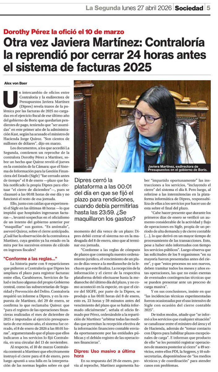 PapinoMatus's tweet image. 🔴👉En @La_Segunda de hoy: Otra vez Javiera Martínez (@javimartinez_f): @Contraloriacl la reprendió por cerrar 24 horas antes el sistema de facturas 2025.

🟡👉P'tas, menos mal que era la mejor @DipresChile de la Historia de Chile.

Y para variar, también de @elfrente_amplio 🙈