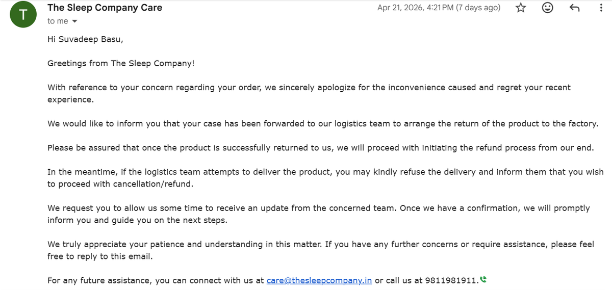 Basu2388's tweet photo. @TheSleepCo_ took ₹2,699 on 28 Mar. 1 month later: no product, no refund.
Missed delivery → I cancelled → they dispatched it the SAME EVENING 🤡 → now refund "only after RTO completes."
Your dispatch error. My money. My wait. Refund to source. Now.
#ConsumerRights https://t.co/pmKUCasejj