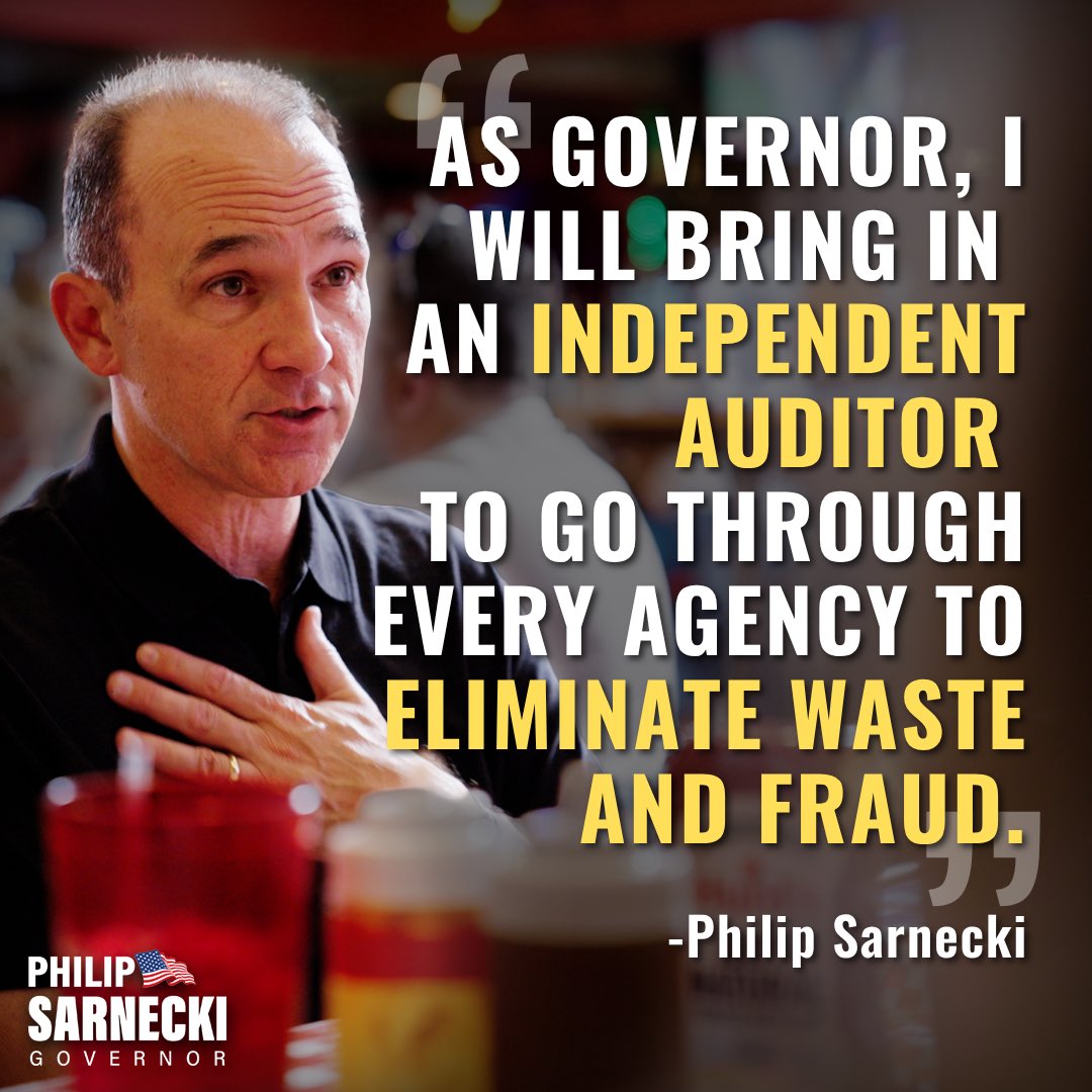 Philip_Sarnecki's tweet photo. As Governor, I will bring in an independent, outside auditor and go through every department, every agency, every penny to eliminate the waste and fraud in our government.

Career politicians have grown the state budget by over $10 billion in the last 7 years - over 60%.

It’s time to bring in a business leader and outsider to clean up the swamp in Topeka.

As Governor, I’ll get it done!