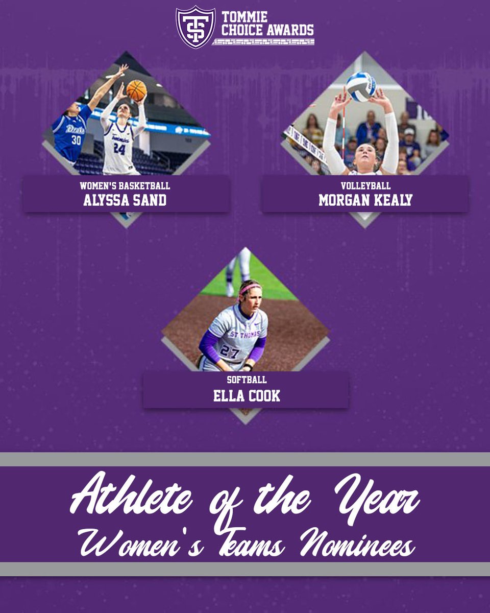 TommieAthletics's tweet photo. Accomplishments aplenty this year for so many across @UofStThomasMN Athletics, who had the biggest year of them all?

We'll find out when one 2026 Tommie Choice Award nominee for women's team Athlete Of The Year hears their name called Monday night!

@TommieWBBall @Tommievball @TommieSoftball 

#RollToms