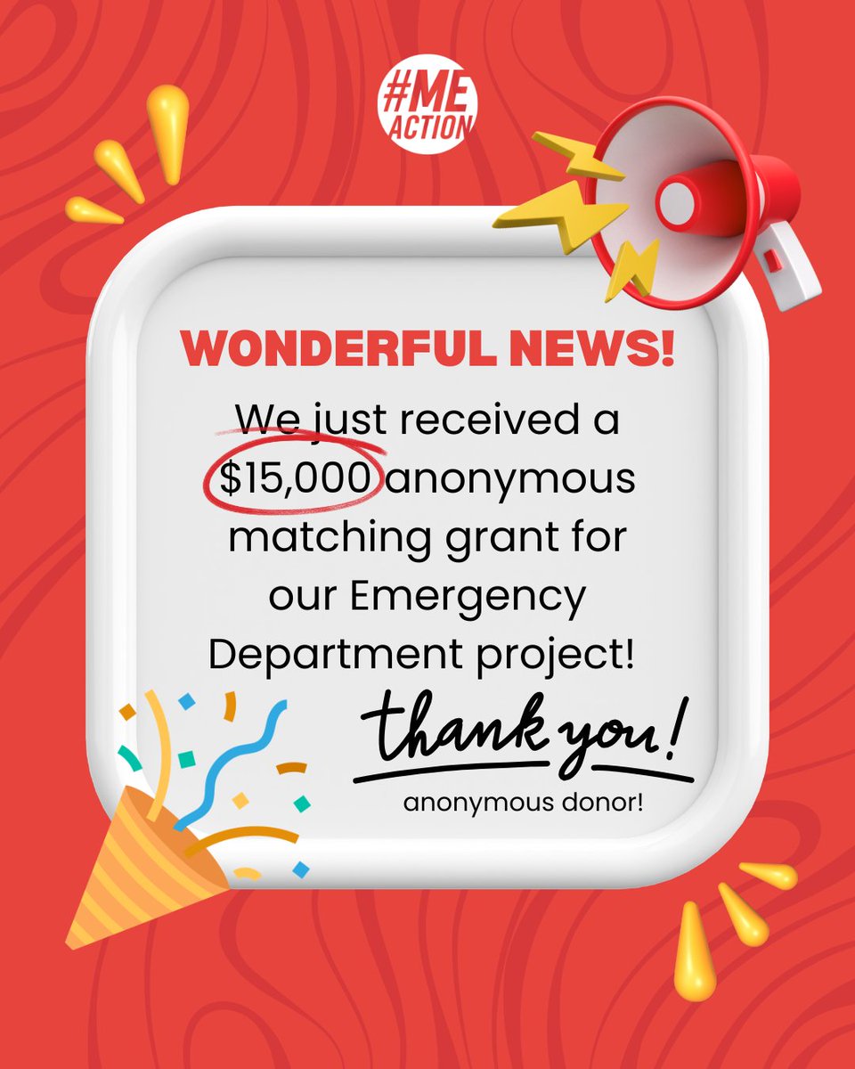 MEActNet's tweet image. We are thrilled to announce that #MEAction just received a $15,000 matching grant to fund our Emergency Department Project! Every $ you give will be matched to help us reach $55k. Give here: millionsmissing.funraise.org/fundraiser/mea…

A huge thank to our anonymous donor &amp;amp; all who are giving!

#pwME