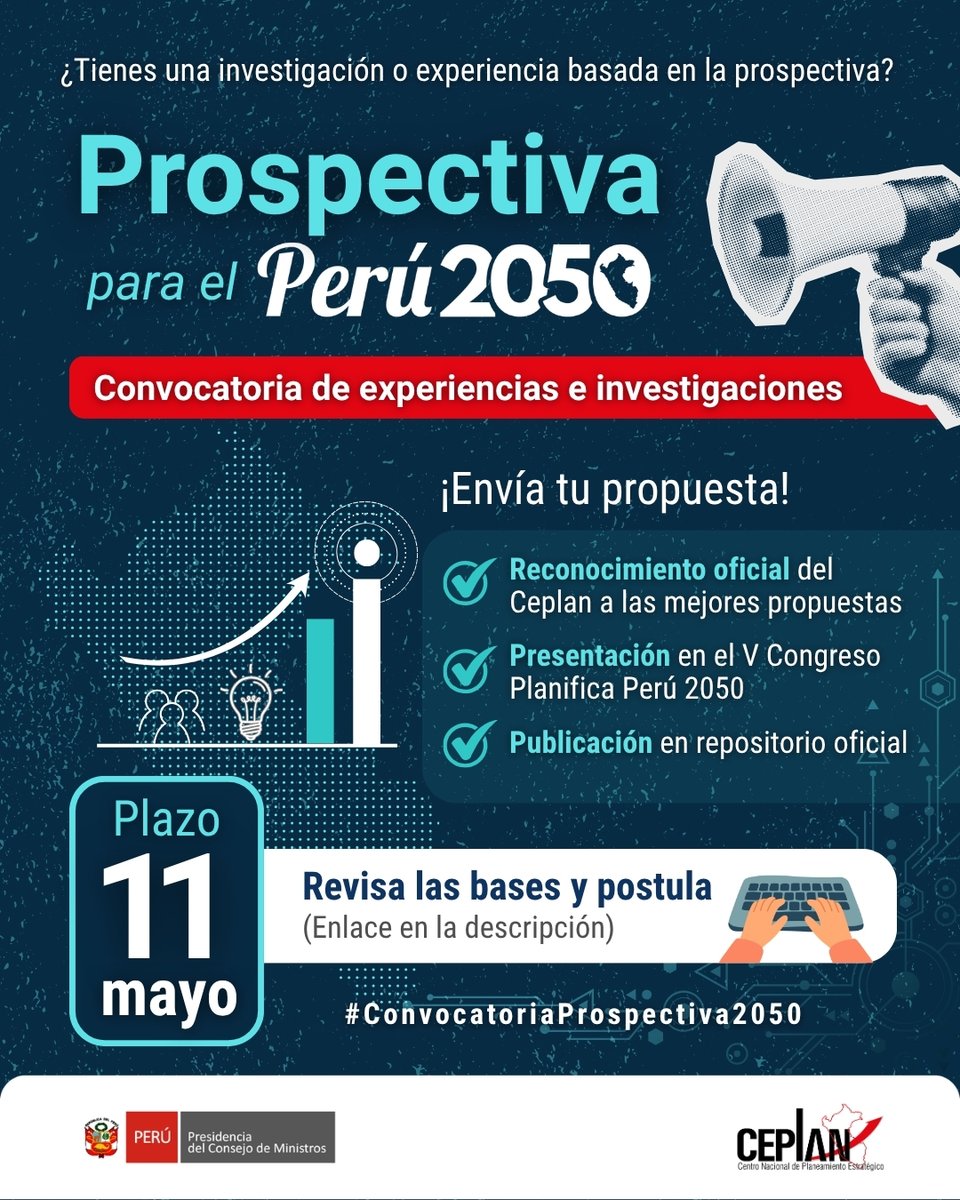 CEPLAN2050's tweet photo. ¡Atención! Si cuentas con una experiencia o investigación sobre prospectiva, postula a la convocatoria. 

📅 Plazo hasta el 11 de mayo

👉 Requisitos aquí: https://t.co/bBwqeWVH07 🖱️

#ConvocatoriaProspectiva2050 #Prospectiva #Perú2050 #Ceplan https://t.co/lKwPwN6xse