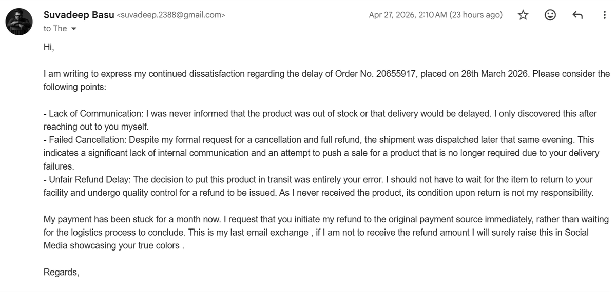 Basu2388's tweet photo. 1/ A 30-day case study in how NOT to run a D2C brand. Looking at you, @TheSleepCo_  🧵
2/ 28 Mar: I order a Smart Ortho Pillow (₹2,699). Promised delivery: 6–9 Apr. 9 Apr passes. No delivery. No update. https://t.co/ReoLVXk3ga