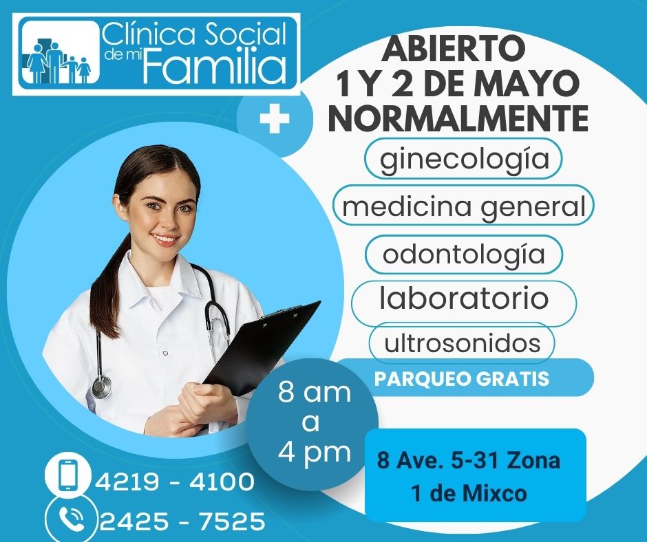 csdmfdemixco's tweet photo. ABIERTOS  NORMALMENTE
Viernes 1º. Y sábado 2 de mayo
Ginecología, 
Odontología,
Ultrasonido Ginecológico, mamario y Abdominal, 
Medicina General, 
Pediatría, 
Laboratorio Clínico, 
Tomografía y resonancia magnética.

teléfono 2425 7525 y WhatsApp 4219 4100
PARQUEO GRATUITO !!!! https://t.co/hnsQaY5yJ5