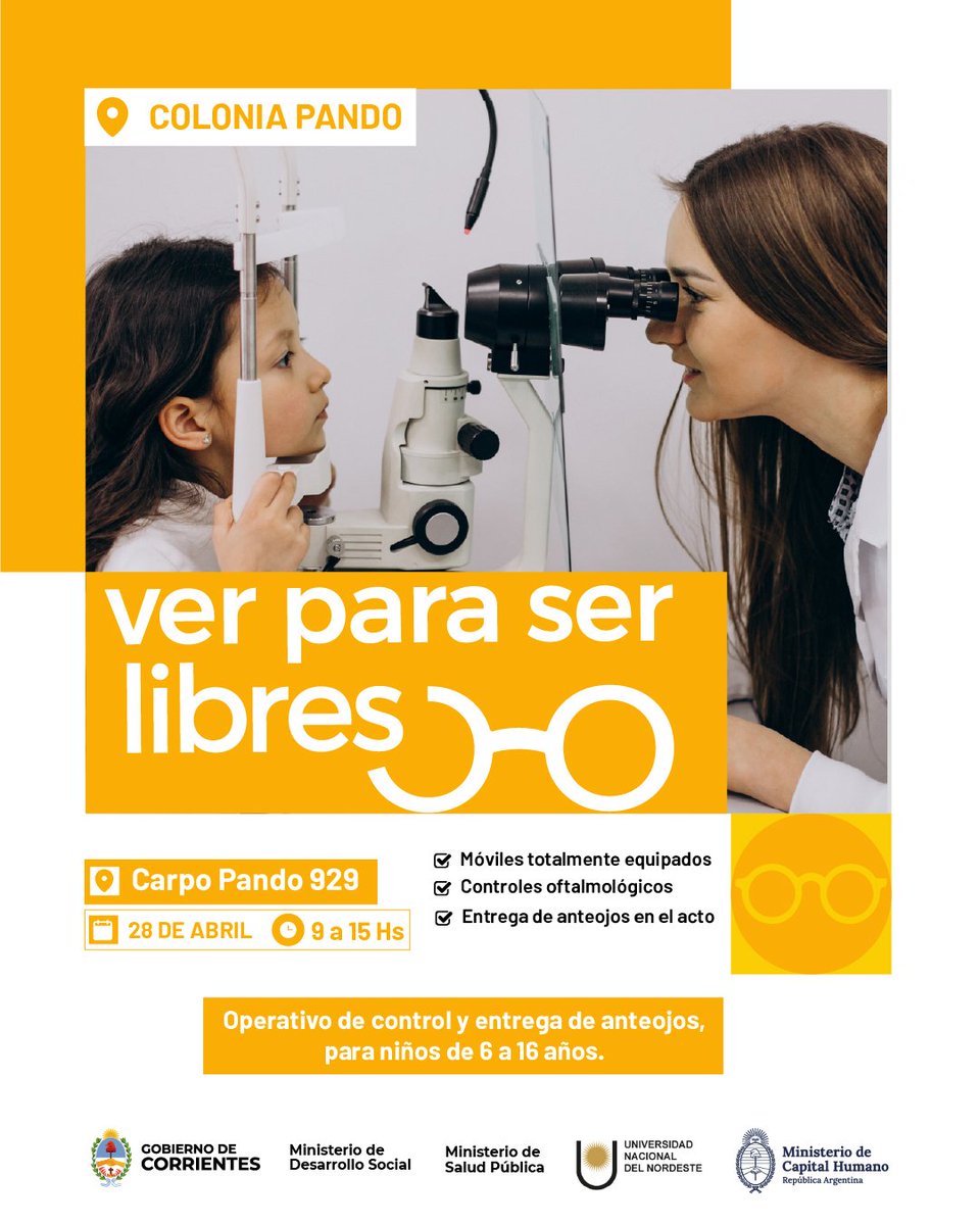 CorrientesGob's tweet photo. El programa “Ver para ser libres” continúa recorriendo toda la provincia de #Corrientes para brindar atención oftalmológica gratuita y de calidad a niños y adolescentes.

Próximas paradas: #ColoniaPando y #Alvear. https://t.co/1eYYft91jC
