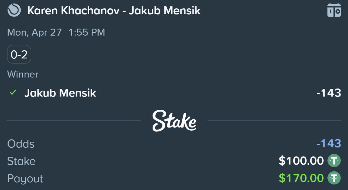 matchpo1ntbets's tweet photo. 🪜 $100 → $10,000 Challenge Day 1

Jakub Mensik -143 ✅💰 https://t.co/uTEew73wxU
