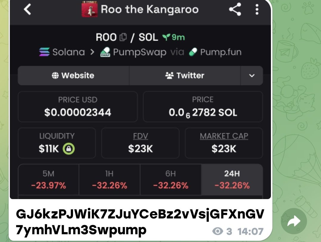 Raghavak0nSol's tweet image. $ROO

MCAP: $23K

CA:
GJ6kzPJWiK7ZJuYCeBz2vVsjGFXnGV7ymhVLm3Swpump

#SOL
#ROO 
#ROOTHEKANGAROO