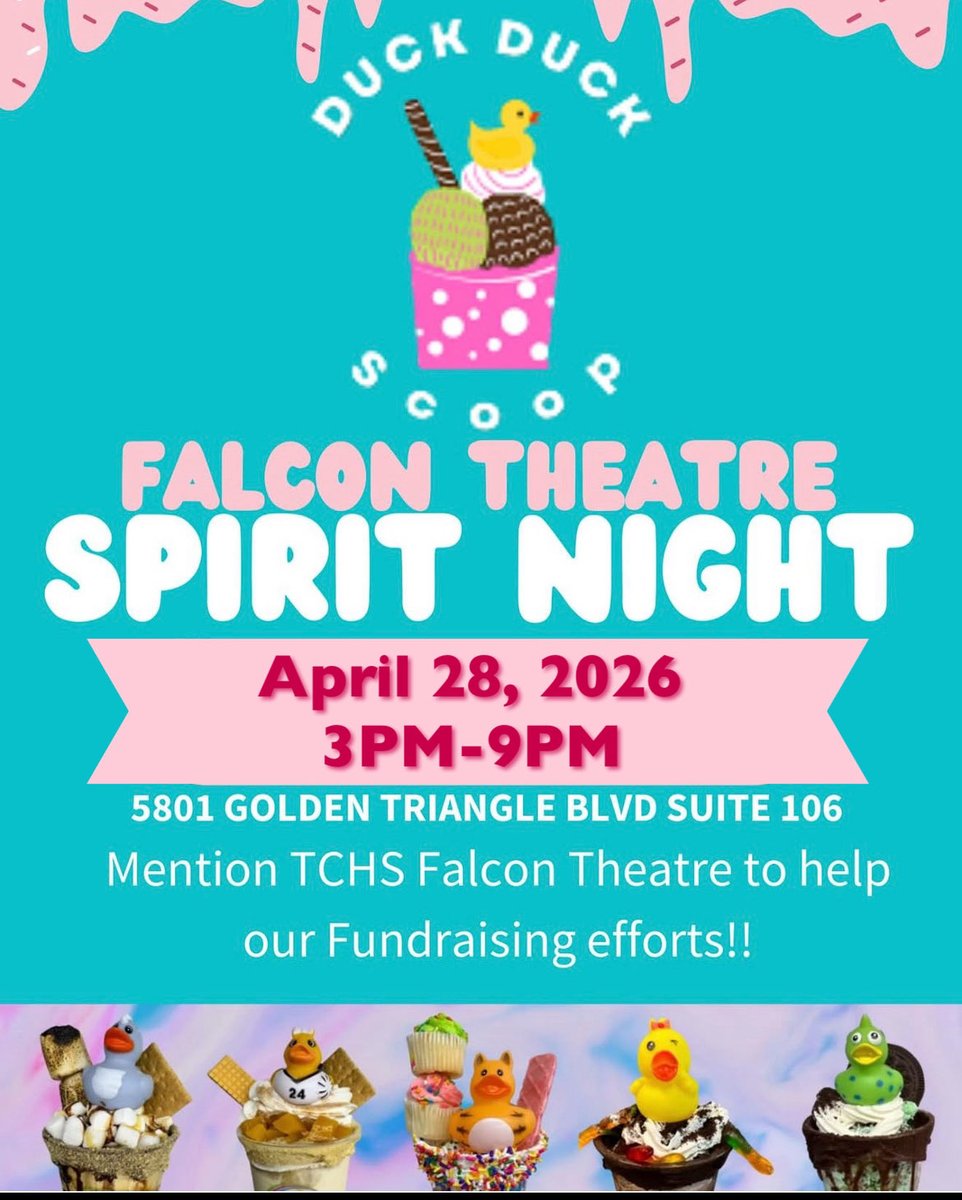 TCHSTBoosters's tweet photo. 💜💛🍦 This Tuesday, April 28, let’s show up for Falcon Theatre!
Stop by Duck Duck Scoop from 3–9 PM, grab something sweet, and support TCHS Falcon Theatre.
Just mention TCHS Falcon Theatre when you order—simple, fun, and it makes a real difference.
See you there 💜💛🍦 https://t.co/7QcCNvjWtI