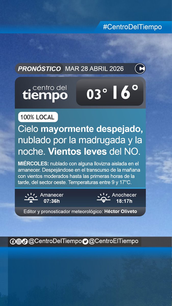 centroeltiempo's tweet image. Nuestra previsión meteorológica 100% local para mañana martes 28 de abril y un adelanto para el miércoles 29 acá:
🕗Emisión 27/04/26 19:15 h
⚠️Válido para el área triciudad de #Azul, #Olavarría y #Tandil en el centro de la #ProvinciaDeBsAs.