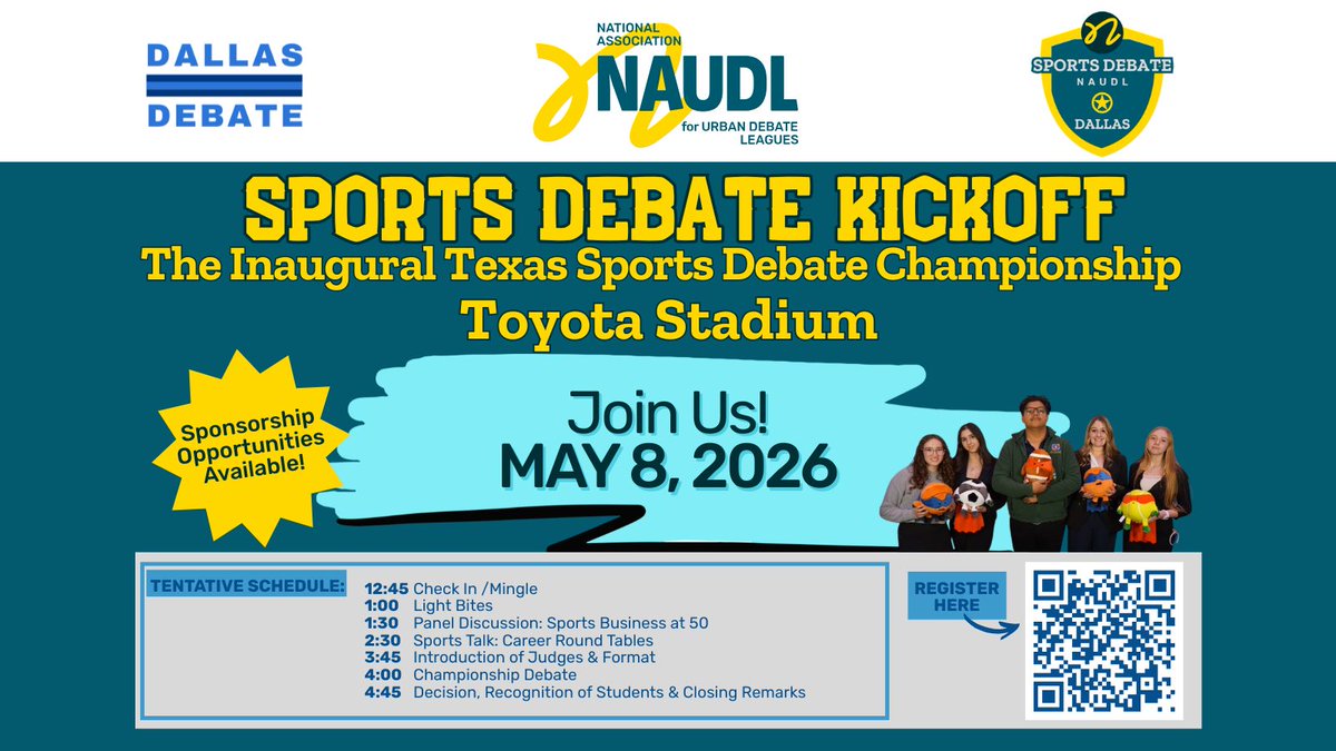 NAUDL1's tweet photo. Join us May 8th for the Inaugural Texas Sports Debate Championship! @DallasDebate will tackle issues of NIL (name, image and likeness) compensation for high schoolers at Toyota Stadium and spend the afternoon learning about careers in sports! Register with the QR code below! https://t.co/l29VQGvHkl