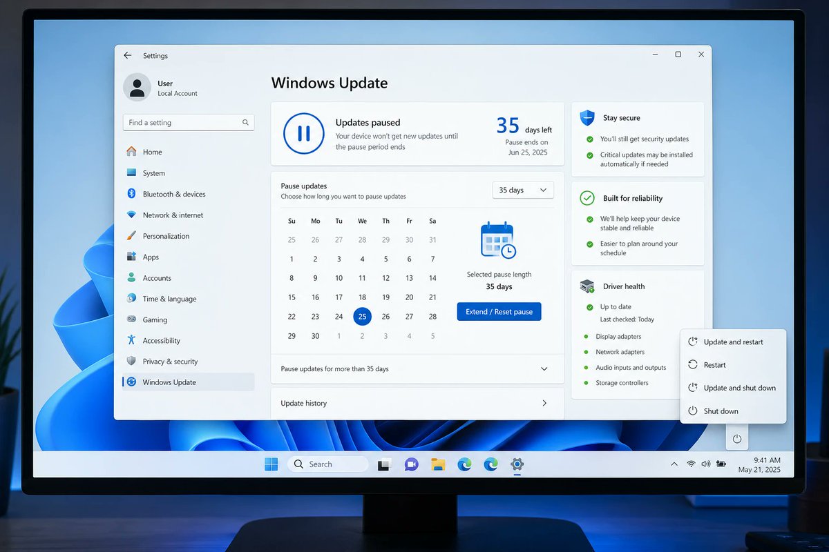 windowsforum's tweet image. 🪟 Windows 11 may finally let you pause updates forever-ish (35-day blocks) while the Power menu stays honest: Restart/Shutdown won’t get “surprise, you’re updating.” About time. #Windows #Insider #Windows11
windowsforum.com/threads/window…
#WindowsUpdate #InsiderProgram #Windows11