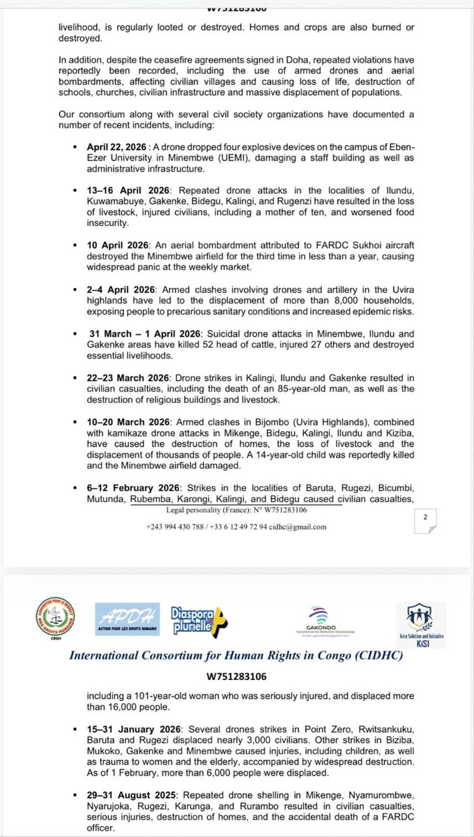 Karinganire_Has's tweet photo. The International Coalition for Human Rights in Congo (CIDHC) has written to the United Nations Secretary-General, António Guterres, as well as to the U.S. Secretary of State, Marco Rubio, calling for urgent action to address the ongoing insecurity affecting the Banyamulenge communities living in the highlands of South Kivu.
The coalition states that since 2017, these communities have been subjected to repeated attacks targeting civilians, including drone strikes and aerial bombardments allegedly carried out by FARDC and allied armed groups. These attacks have severely impacted the population, destroying farmland, livestock, infrastructure, and homes, while also causing large-scale displacement.
In recent weeks and months, CIDHC reports that the attacks have intensified, affecting various areas of Minembwe, Uvira, and Fizi. This has resulted in civilian deaths, injuries, and the displacement of thousands of people. There is also a serious concern that residents are being denied access to markets, healthcare, and humanitarian assistance.
The coalition is calling on the international community to establish an independent investigation, ensure the protection of civilians, open humanitarian corridors, and impose sanctions on those suspected of involvement in these acts.
It also warns that failure to act promptly could lead to even more severe consequences for the affected populations.
@StephenM
@RepJoeWilson
@IntlCrimCourt
@FBI
@_AfricanUnion   
@EU_Commission
@realDonaldTrump 
@JDVance 
@VP @Jim_Jordan @RepJeffries @RepRaskin @UnderSecPD @UnderSecStateP @UNHumanRights @marcorubio @SenateGOP @SFRCdems @SenateForeign @SenateDems @Refugees
@prevotmaxime @USAmbUN  @RepStephMurphy @MONUSCO @vonderleyen @UN @ottoplatus
@GeneralNeva  @hadjalahbib  @AsstSecStateAF @JuttaUrpilainen  @FEGnassingbe @UN_Lemarquis @NDeRiviere @MofaQatar_AR @HuangXia16
@NshimyimanaEmma
@JBorgstam
@jlprdeangola @RepStefanik @OfficialMasisi @US_SrAdvisorAF @EmmanuelMacron @PatrickMuyaya @kayikwambaT @onduhungirehe @WilliamsRuto @antoniomanuelun