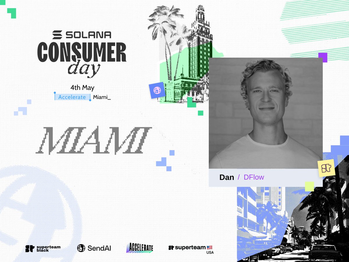 DanJablonski's tweet photo. You should be in Miami next week

If you're not, your loss on the Solanamerica event of the year

You'll miss the infinite motion we have for:

@SolanaEvents Accelerate
@Superteam Consumer Day
Liquidity After Dark - The Sequel
@SuperteamUSA Launch

Idk how they want me to speak again