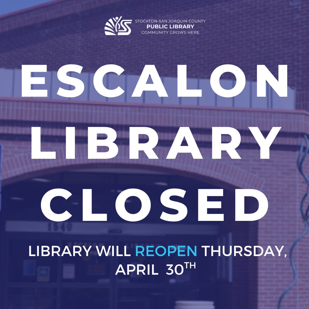 SSJCPL's tweet photo. The Escalon Library will remain closed through Wednesday, with curbside service beginning tomorrow. The library is expected to safely reopen to the public on Thursday, April 30th. https://t.co/9a44zX2xcv