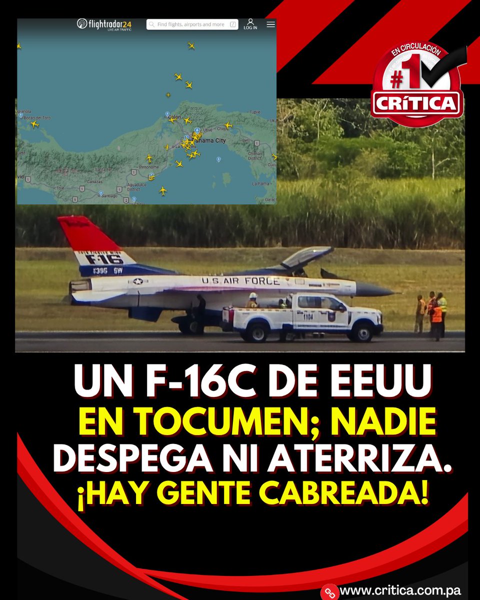 #NacionalCri Un F-16C Fighting Falcon de la US Air Force permanece en la pista del aeropuerto de Tocumen. Usuarios reportan demoras en los vuelos en estos momentos.