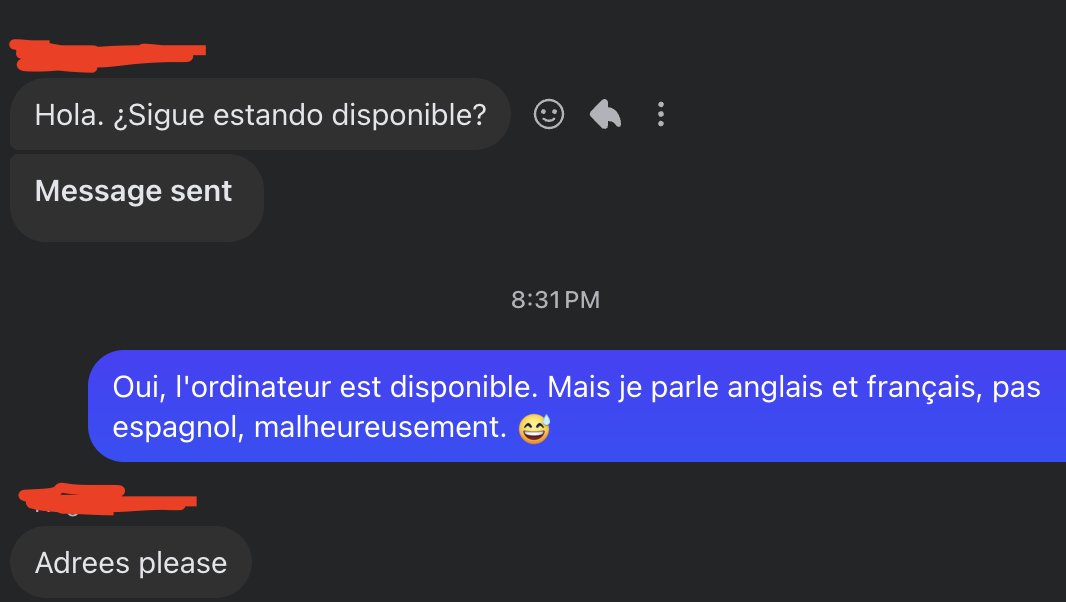 Evergreena's tweet photo. Think this whole "listing stuff on FB Marketplace" thing is driving me a little cray-cray... 😅 I respond to Spanish inquiries in the only foreign language I know: French. https://t.co/iwGedArLLG