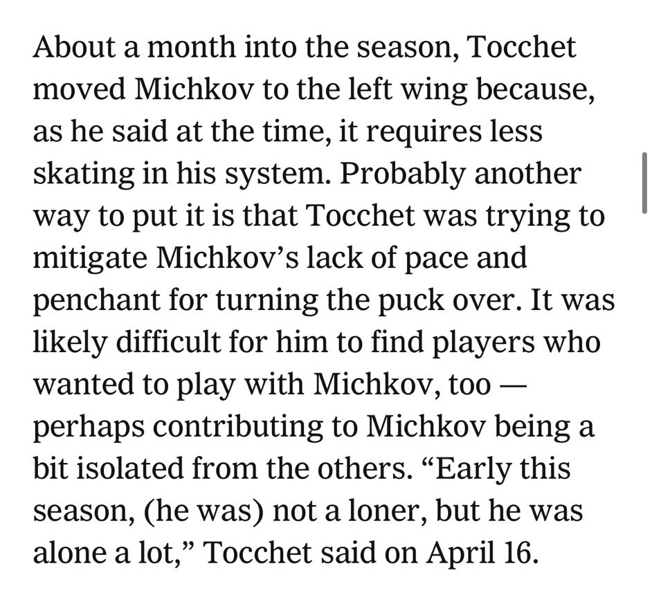 I really wasn't interested in the Michkov stuff for many reasons but this is just an absurd statement. Spinning Tocchet's words (which were positive about Michkov finally fitting in) to frame it as people not wanting to play with him is criminal. What a fucking loser man