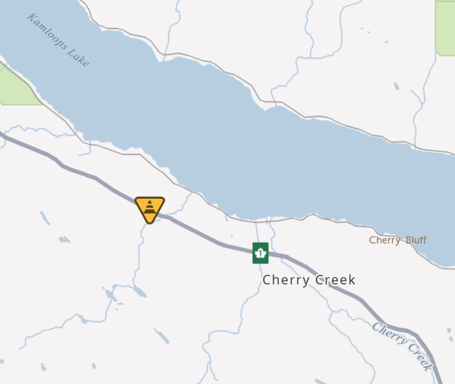 DriveBC's tweet image. 🚧#BCHwy1 - Debris cleanup between Cavesson Way and Gardi Rd, west of #Kamloops after an earlier vehicle incident.
Single lane alternating traffic is in effect until 5:00 PM. Expect delays and watch for crews.
#SavonaBC #CherryCreekBC 

ℹ️For more info: drivebc.ca/?pan=-120.8424…