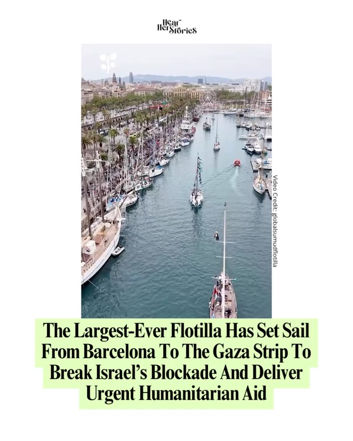 hearherstorie's tweet photo. The largest-ever Gaza aid flotilla has set sail from Barcelona to break Israel's blockade and deliver urgent humanitarian aid.

More than 70 boats are involved, carrying nearly 3,000 people from over 100 countries, including healthcare workers and es... https://t.co/y0N8J8BYJu