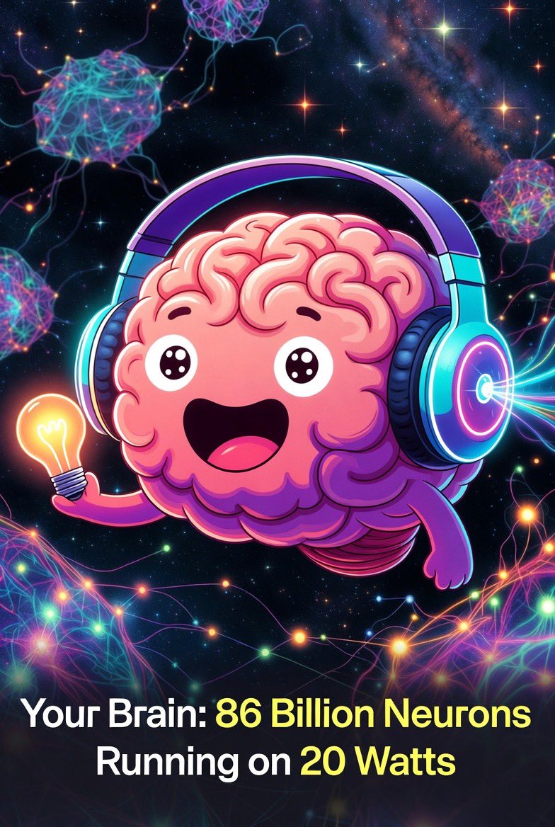 BrainFactsX's tweet photo. Hey, I’m your brain throwing a full-on light show every single second! 🧠✨
Right now, while you’re reading this, I’m firing up to 86 billion neurons and roughly 100 trillion synapses that’s more connections than there are stars in the Milky Way. And the wild part? I’m doing it all on just 20 watts of power… basically the same as a dim light bulb.
Yeah, I’m basically a supercomputer that runs on a potato battery and still outsmarts every machine we’ve ever built 😂
What’s the craziest thing your brain has done for you today? Drop it below!
Nature’s most efficient powerhouse. Mind-blowing, right? 🧠🌌