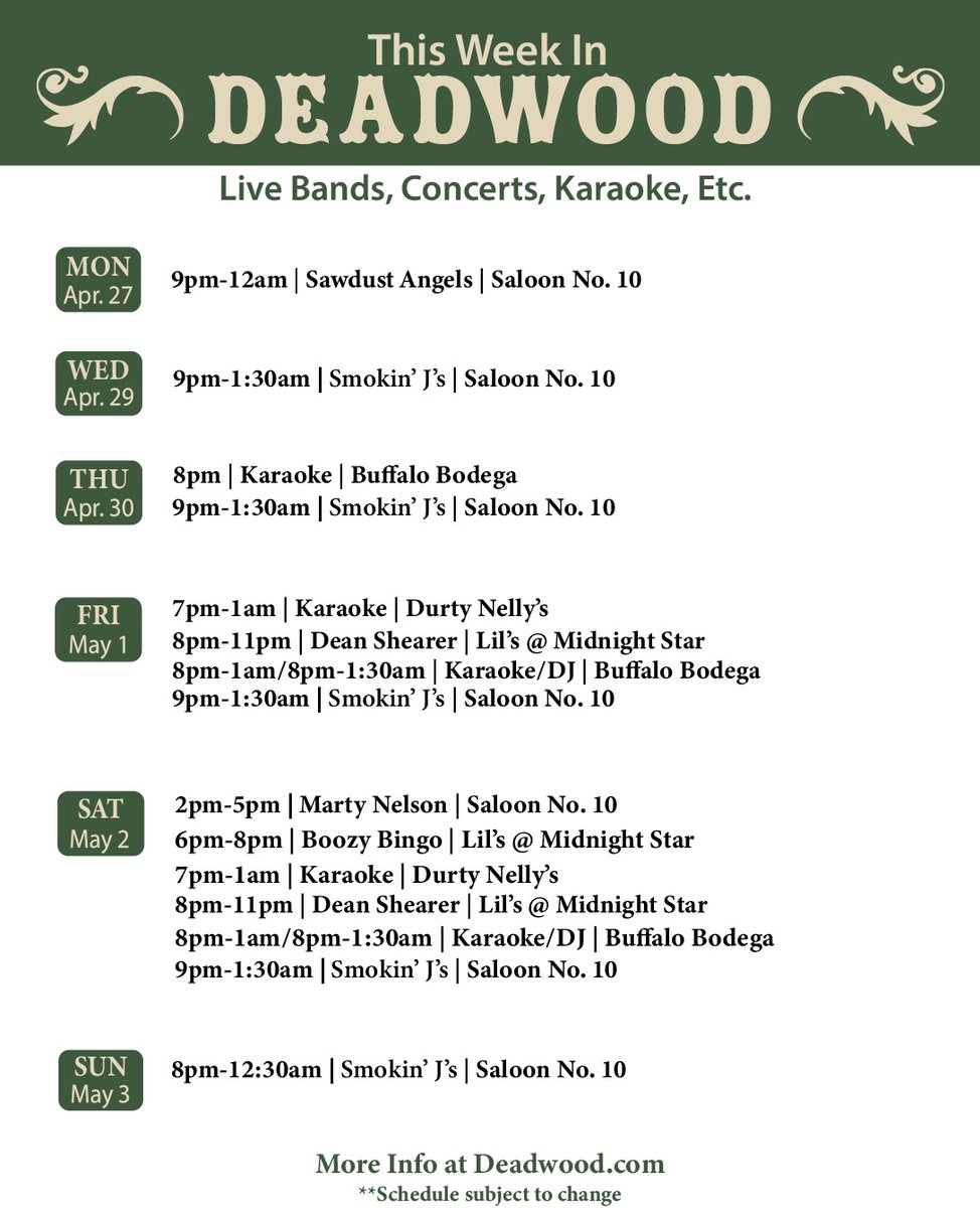 DeadwoodSD's tweet image. Come on down to Historic Downtown Deadwood this week for great music, dancing, and trivia! #DeadwoodSD #visit #weekendfun #Awesome #livemusic #events