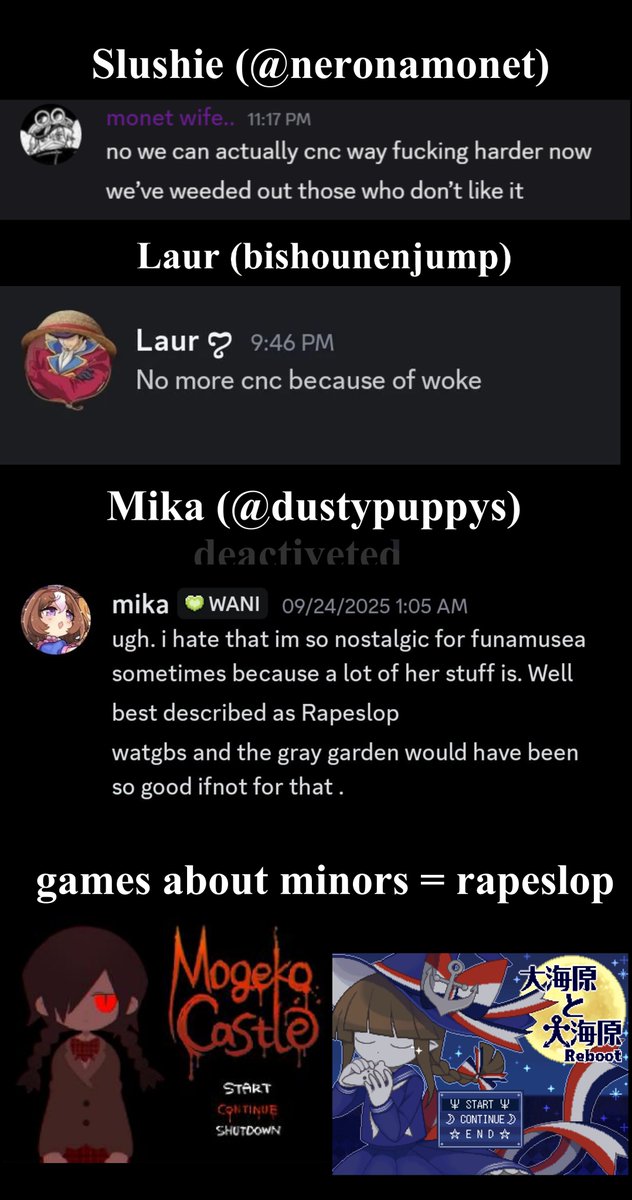 Mika @/dustypuppys(deactivated) and Slushie @/neronamonet

1. R*pe tier list. 
2. Tries to disguise it as CNC fetish.
3. As few oomfs stayted, agressive toward doubles.

Unfortunaly, dont have more info on this two. But still, would reccomend stay away from them.

🧵3/5