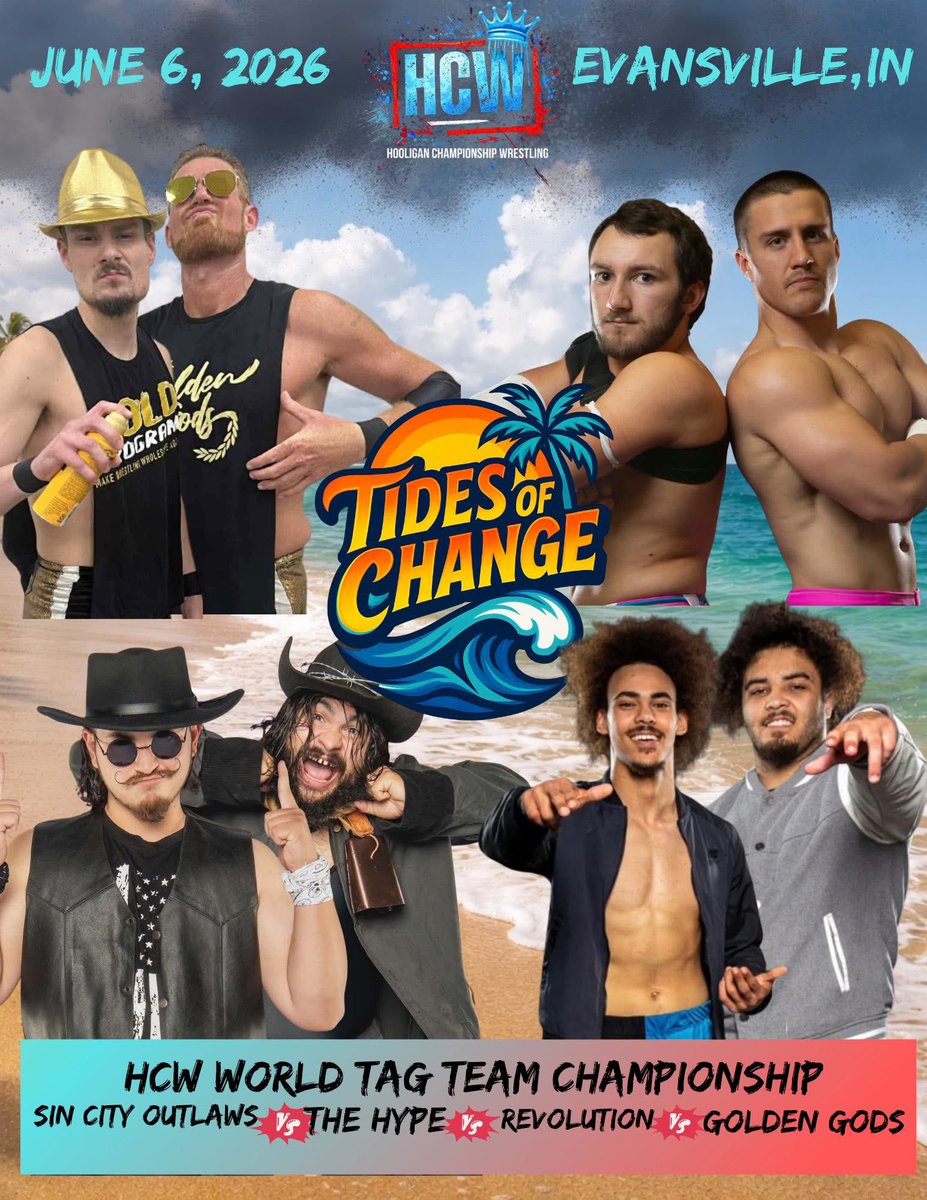 KennyisChillin's tweet photo. 4 matches confirmed for @HooliganCW’s Tides of change show on June 6 at Evansville, IN

@StiffRoboGinger 🆚 @TheMattDiesel 

The Golden Gods 🆚 The hype 🆚 The revolution 🆚 The Sin City Outlaws 

Alexandria Quinn &amp; @RedHotMercy 🆚 Team Hallbright 

@Tim_Bosby 🆚 @Mikalis29 https://t.co/Gq9oIiLwnU
