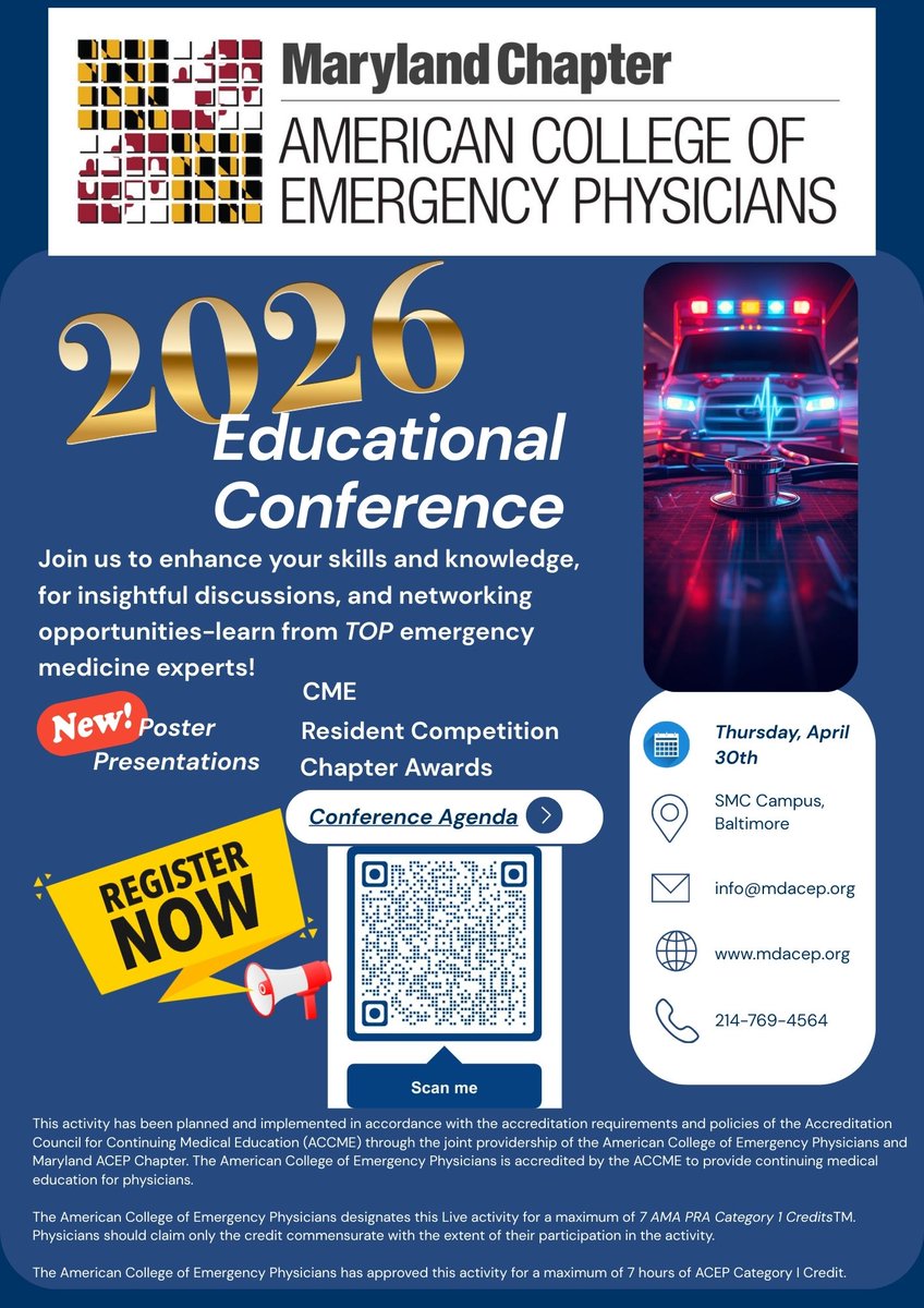 md_acep's tweet photo. Maryland ACEP Conference is almost here!

Join us April 30 at SMC Campus Center for a full day of EM education, innovation, and networking.

CME/CNE, expert speakers, resident competitions &amp; more.

Don’t miss it → https://t.co/7MDQzUIqkU

#EM #MDACEP #CME #FOAMed https://t.co/a1Nfg4oW7t