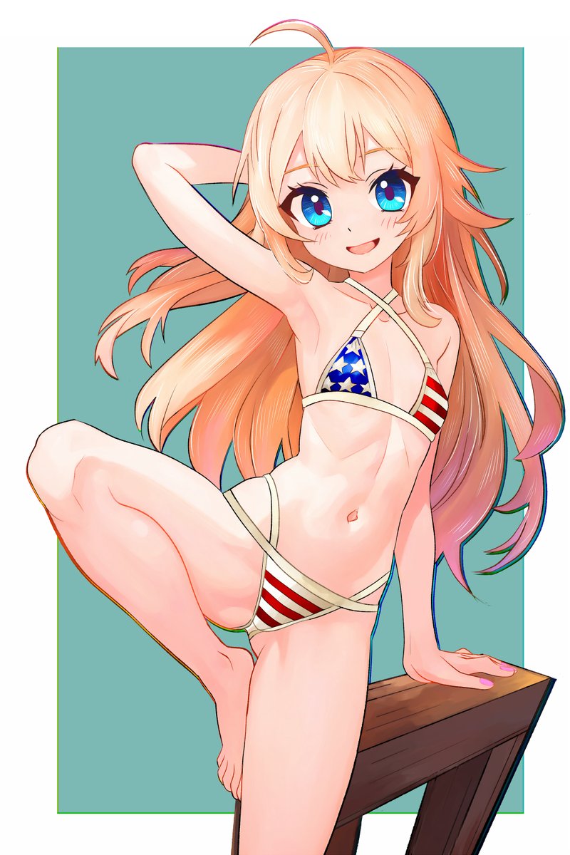 おはようございます
けさのおめざおえかきは金髪腋見せ星条旗ビキニさんです。
今月中に間に合いました 