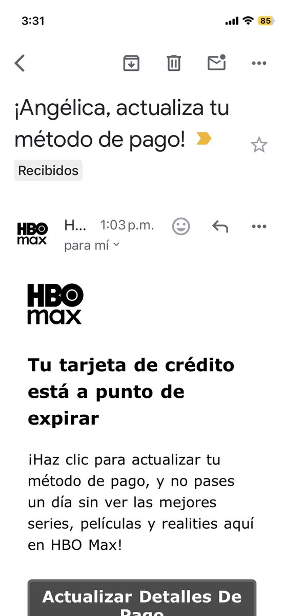 AngieJF01's tweet photo. @HBOMaxSoporte Hola me podrían apoyar? Ya actualicé mi método de pago ayer y quedó confirmado, pero hoy me llegó un e-mail pidiendo nuevamente actualizar el método de pago 🤔 https://t.co/R7n2KLtUzH