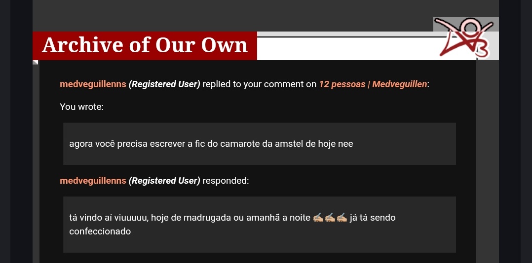e a menina da fic dos 12 apóstolos que respondeu meu comentário dizendo que já tá escrevendo a fanfic medveguillen do camarote kkkkkkkkkkkkkkkkkk
