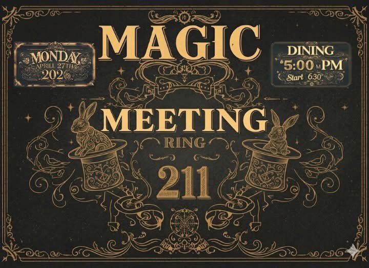 Ring211's tweet photo. Don't forget this Monday, April 27th is Ring 211's monthly club meeting.  At Brann’s on S. Division.

#ibmring211 #junehorowitz #ring211 #magicevents https://t.co/GVmwkMq7fM