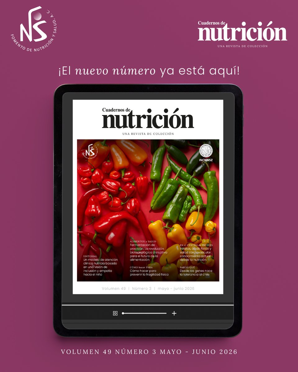 fnsorgmx's tweet photo. 📣 ¡Ya está disponible el nuevo número de Cuadernos de Nutrición! Explora el Volumen 49 y descubre temas fascinantes como la fermentación de precisión, cómo prevenir la fatiga, descubrir si la genética está relacionada a la tolerancia al picante, y más. https://t.co/lrgoMPslG2