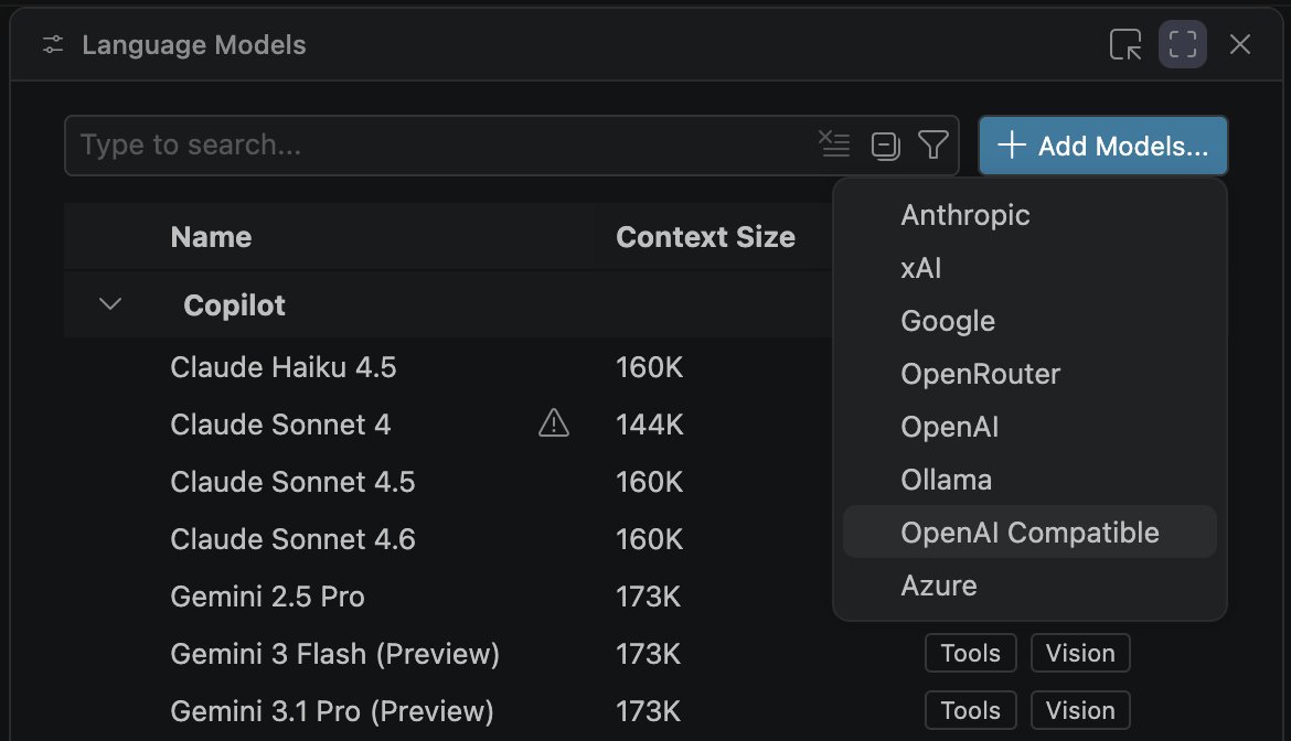 GitHub Copilot Add Models dropdown showing 8 provider options including OpenAI Compatible