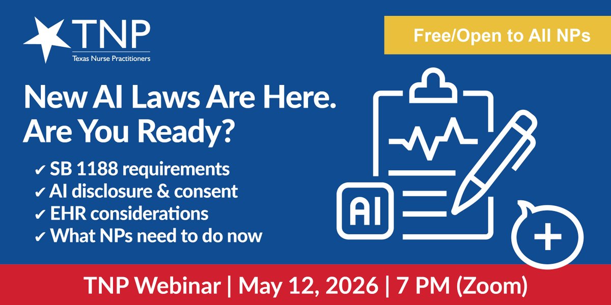 TNPAustin's tweet image. AI is rapidly changing healthcare. New Texas requirements are here.
Join us for a webinar on SB 1188, AI disclosure and consent, EHR considerations, and what NPs need to know.
Free for all Texas NPs:  bit.ly/4cmfc4Q
#AI #NursePractitioners #Practice #Compliance