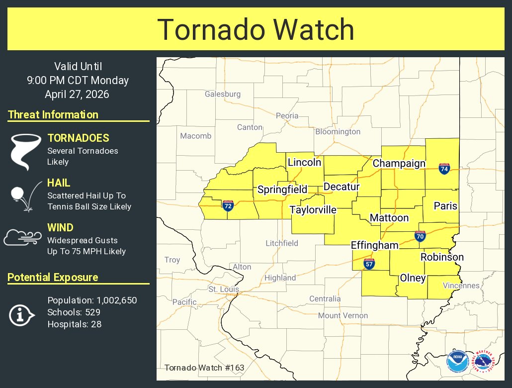 NWStornado's tweet photo. A tornado watch has been issued for parts of Illinois until 9 PM CDT https://t.co/YNI5WhlwwX