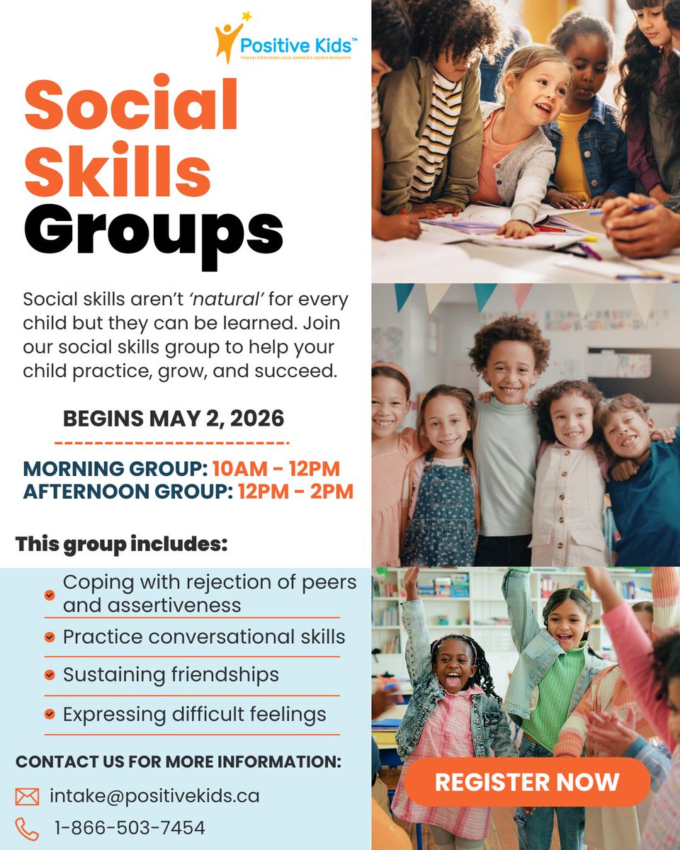 Positive_KidsCA's tweet photo. Get ready for fun! Our Social Skills Groups for kids ages 4-12 start May 2, 2026! Join us for 5 weeks of friendship, confidence, and communication. 

Spots are still open—don’t miss out! Contact us to register today!

🔗https://t.co/U22ciAkliv https://t.co/fJkTT8J10D