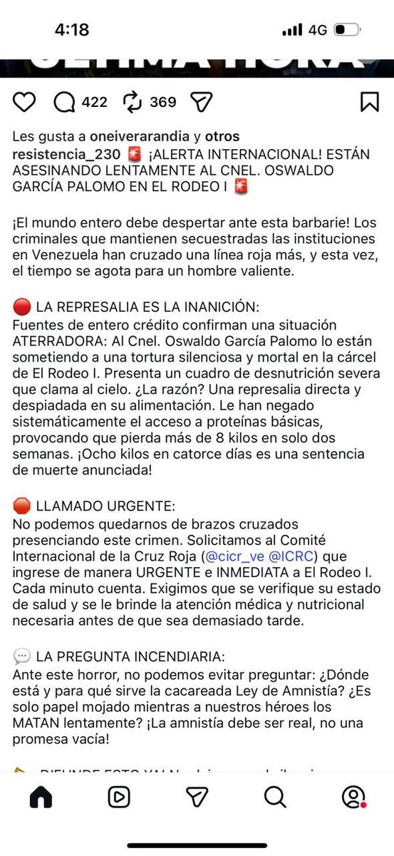 Al Coronel Oswaldo Garcia Palomo lo siguen torturando. Se trata de un oficial con una prestigiosa carrera en la Fuerza Armada Nacional. Lo encarcelaron, mientras simultáneamente acosaban a su familia. Actualmente lo tienen reducido en la cárcel del Rodeo I. ¿Hasta cuándo tanta