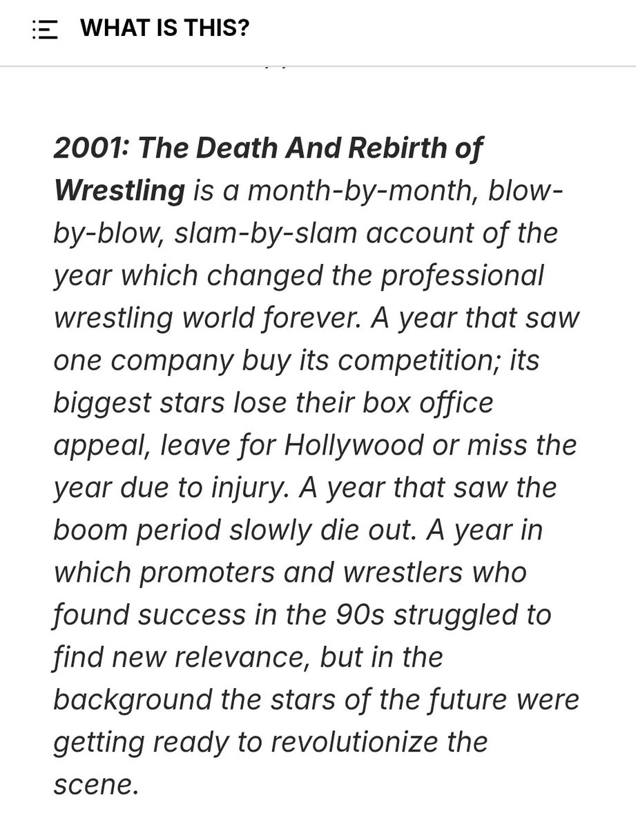 OSWreview's tweet photo. This sounds amazing!
2001 is an incredible year in wrestling, WCW &amp; ECW closing  literally changed the business forever. 

I couldn't even tweet out about it in time before it made it's funding goal, but there's some stretch goals to hit!
https://t.co/O6Vl1wnHME @ThisisLukeOwen https://t.co/mqtN8ygZiA
