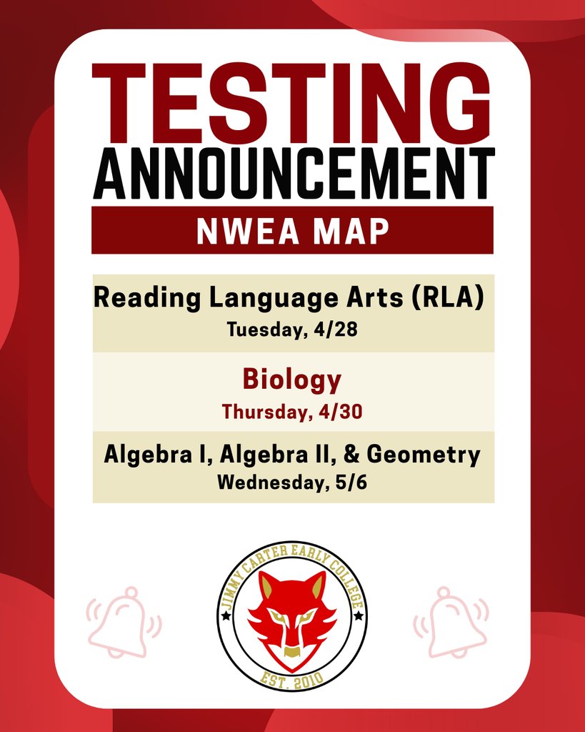 JCECHSRedWolves's tweet photo. 🔔 NWEA MAP testing starts TOMORROW!

RLA: Tuesday, April 28
Biology: Thursday, April 30
Math: Wednesday, May 6 https://t.co/qlsLSbXxmk