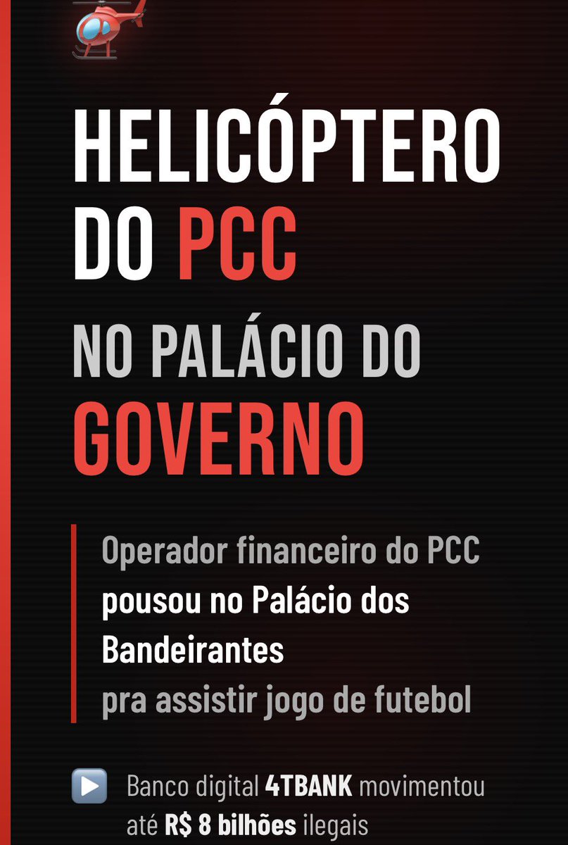 🚨 Segundo o Metrópole o HELICÓPTERO DO PCC NO PALÁCIO DO GOVERNO DE SP
Gente, vou contar um negócio que me deixou sem chão.
João Gabriel Yamawaki identificado pela polícia como operador financeiro do PCC pousou de helicóptero no Palácio dos Bandeirantes em março de 2022. Foi