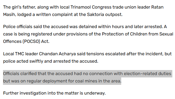 viprabuddhi's tweet image. The editor of this article was deffo paid off by TMC to frame it in a way to defame the central forces

Notice the fine print at the very end of the article stating that the accused was not related to election duties

TMC IT cell will try to use this unrelated incident to defame