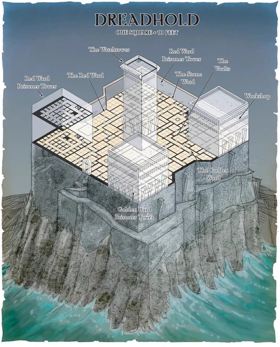 Dreadhold is the most secure, inescapable supermax prison in Eberron, located on a barren island off the northern coast of the Lhazaar Principalities. Built by House Kundarak to hold extremely dangerous criminals, political prisoners, and monsters for profit, the fortress is 
