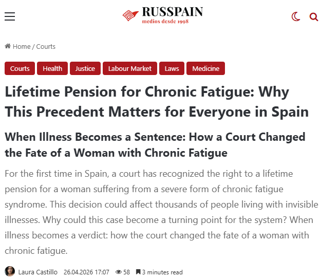 TomKindlon's tweet image. "Lifetime Pension for Chronic Fatigue [CFS]: Why This Precedent Matters for Everyone in Spain"

"When Illness Becomes a Sentence: How a Court Changed the Fate of a Woman with Chronic Fatigue"

russpain.com/en/health/life…

#MEcfs #PwME