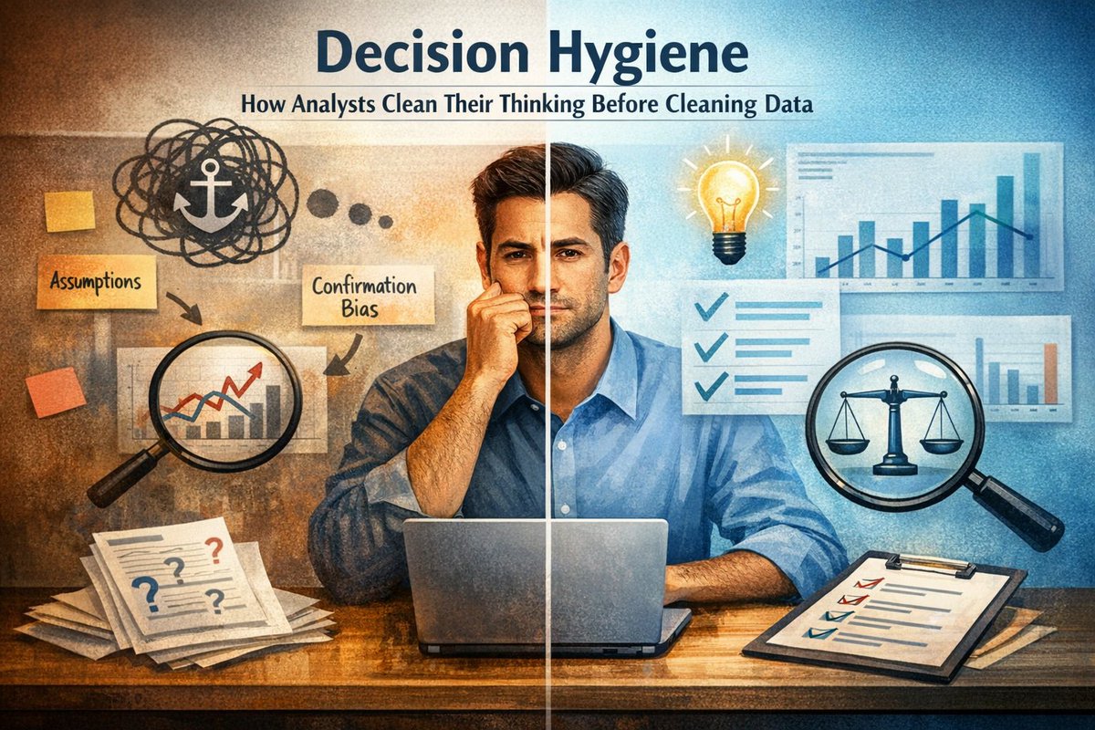 KhemmyKasali's tweet image. Decision Hygiene:How Analysts Clean Their Thinking Before Cleaning Data📊
Bad analysis starts with bad assumptions,not bad data.Learn how bias, narrative pressure,&amp;amp; clarity shape insight before tools open👉lnkd.in/gurabYMW
#PeopleAnalytics #DecisionMaking #CriticalThinking