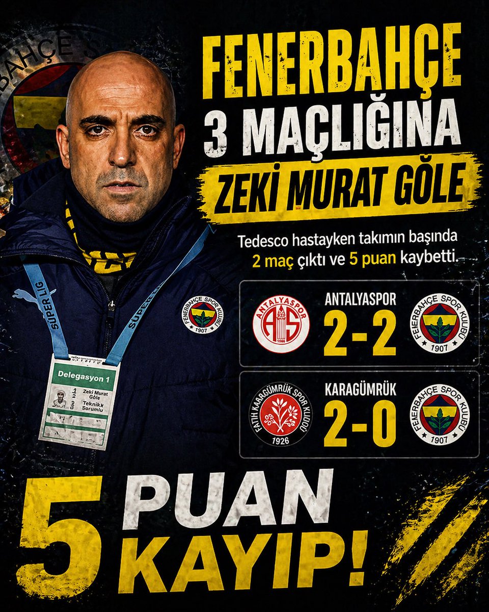 Feneristcom's tweet image. Tedesco hastayken takımın başında 2 maç çıktı ve 5 puan kaybetti.

⭕️ Antalyaspor 2-2 Fenerbahçe
❌ Karagümrük 2-0 Fenerbahçe

#Fenerbahce #sports #futbol