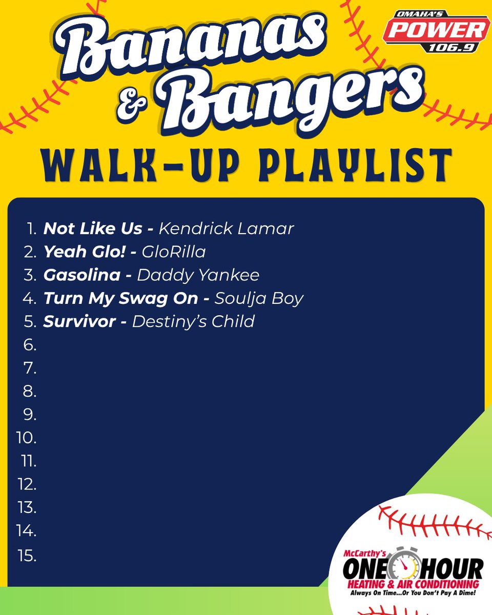 power1069's tweet photo. BANANAS &amp; BANGERS‼️🍌⚾️🎶 The playlist so far…

Four suite tix to see @TheSavBananas take over Memorial Stadium on 6/13 (UPDATED)! 🎟️ Plus, $200 AND a free duct cleaning, powered by McCarthy’s One Hour Heating &amp; Air Conditioning.

Enter now at https://t.co/xJxZaz32ES! 🔥 https://t.co/qDtYXE0Zl3