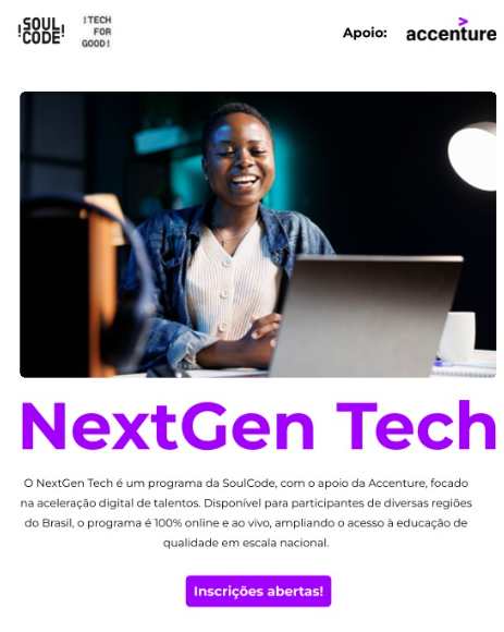 htmluiza's tweet photo. 🚨FORMAÇÃO DISPONÍVEL:

"O programa da SoulCode em parceria com a Accenture Brasil chegou para acelerar a formação de novos talentos e abrir portas reais no mercado de tecnologia.

Aqui, você desenvolve habilidades práticas como:

+ https://t.co/F7VhXeVQMK